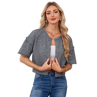 Womens Short Sleeve Knit Cardigan Sweaters Cropped Button Down Crew Neck Solid Color Sweater