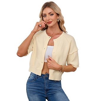 Womens Short Sleeve Knit Cardigan Sweaters Cropped Button Down Crew Neck Solid Color Sweater