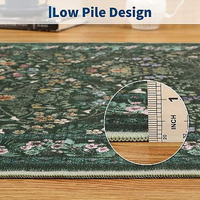 Washable Folding Area Rug Floral Print, Non-Slip Backing, Easy to Clean, Pet Friendly
