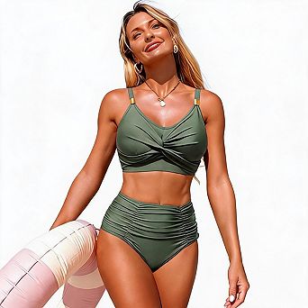 PioneerWorks Ruched High Waisted Bikini Twist Front V Neck Swimsuit Two Piece Bathing Suit