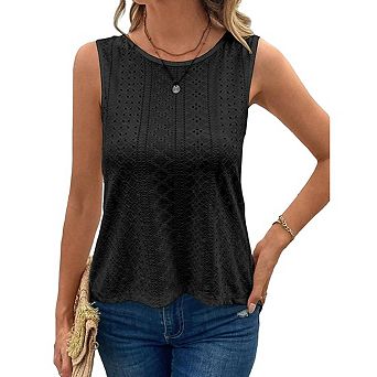 Women's Top Round Neck Eyelet Embroidered Sleeveless Slim Fit Casual Summer Tank Top