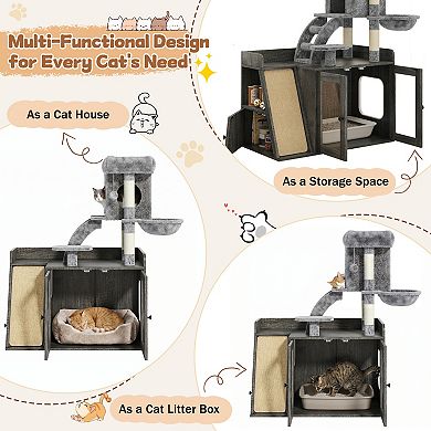 Merax Litter Box Enclosure with Cat Tree, Modular Cat Tower with Sisal Scratching Board