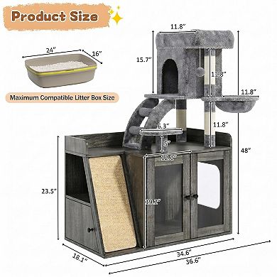 Merax Litter Box Enclosure with Cat Tree, Modular Cat Tower with Sisal Scratching Board
