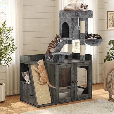 Merax Litter Box Enclosure with Cat Tree, Modular Cat Tower with Sisal Scratching Board