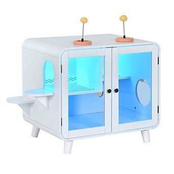 Merax Cat Litter Box Enclosure with RGB LED Light, Hidden Cat Washroom Cabinet with Stairs