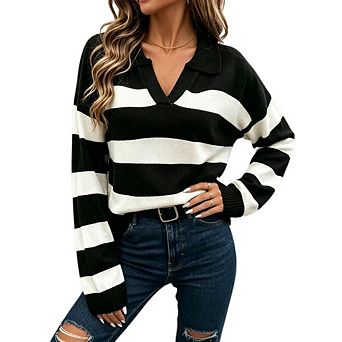 Women's Oversized Striped Knit Sweater Lapel V Neck Long Sleeve Loose Casual Daily Pullover
