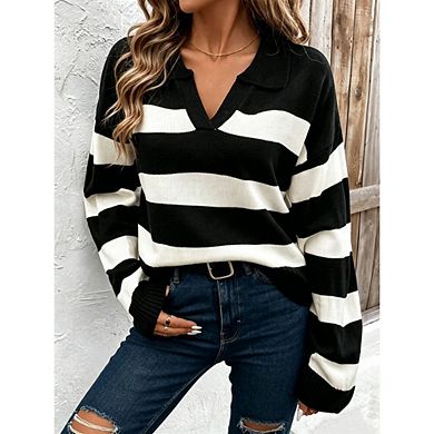Women's Oversized Striped Knit Sweater Lapel V Neck Long Sleeve Loose Casual Daily Pullover