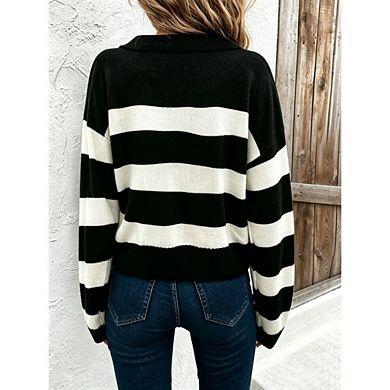 Women's Oversized Striped Knit Sweater Lapel V Neck Long Sleeve Loose Casual Daily Pullover