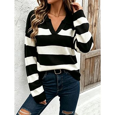Women's Oversized Striped Knit Sweater Lapel V Neck Long Sleeve Loose Casual Daily Pullover