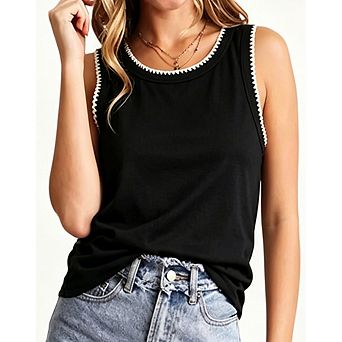 Women Crew Neck Sleeveless Tank Top Contrast Zigzag Stitch Trim Relaxed Fit Casual Vest