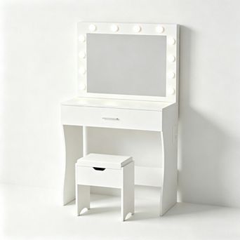 Vabches Makeup Vanity Desk with Lighted Mirror, Charging Station, Drawer & Stool