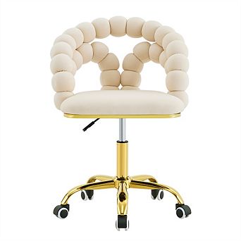 Velvet Swivel Desk Chair,Bubble Back Vanity Chair with Gold Metal Base,Rolling Office Chair for Home
