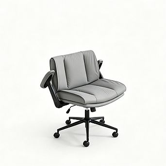 Flip-Up Armrests Leather Office Chair, Cross Legged Swivel Chair with Wide Seat,Ergonomic Adjustable