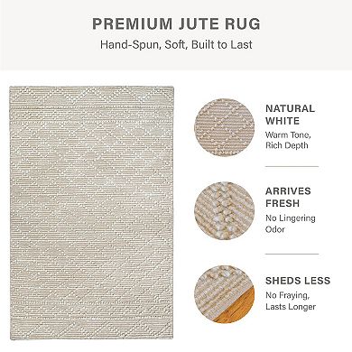Homespice Mica Handwoven Jute Rug - White & Tan Diamond Trellis Pattern, Thick & Firm, Less Shedding