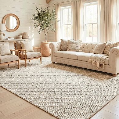 Homespice Mica Handwoven Jute Rug - White & Tan Diamond Trellis Pattern, Thick & Firm, Less Shedding