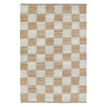 Homespice Mesa Handwoven Jute Rug White & Tan Checkered Area Rug, Reversible and Lays Flat