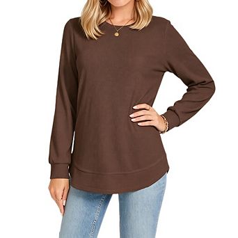 Women's Waffle Knit Crew Neck Long Sleeve Top Curved Hem Loose Casual Daily Tunic Blouse