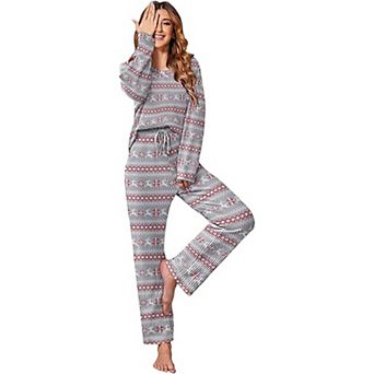 Ekouaer Womens Waffle Knit Pajama Sets Long Sleeve Lounge Sets Two Piece Pajama Sets with Pockets