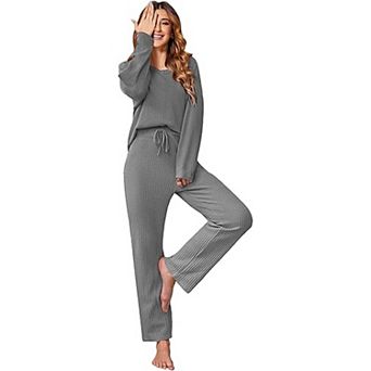 Ekouaer Womens Waffle Knit Pajama Sets Long Sleeve Lounge Sets Two Piece Pajama Sets with Pockets