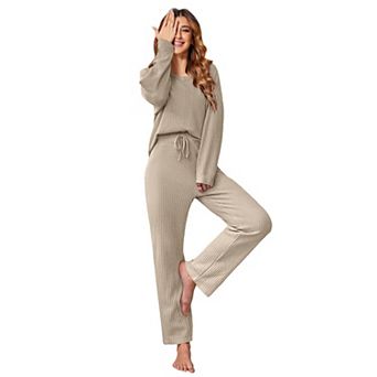 Ekouaer Womens Waffle Knit Pajama Sets Long Sleeve Lounge Sets Two Piece Pajama Sets with Pockets