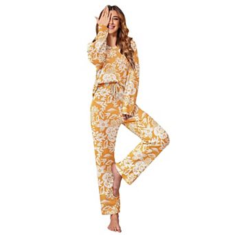 Ekouaer Womens Waffle Knit Pajama Sets Long Sleeve Lounge Sets Two Piece Pajama Sets with Pockets
