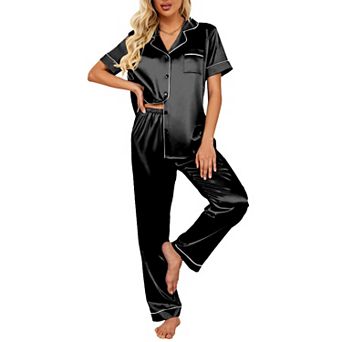 Ekouaer Silk Satin Pajamas Set Women Short Sleeve Sleepwear Soft Button Down Loungewear Pjs Set