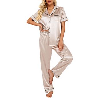 Ekouaer Silk Satin Pajamas Set Women Short Sleeve Sleepwear Soft Button Down Loungewear Pjs Set