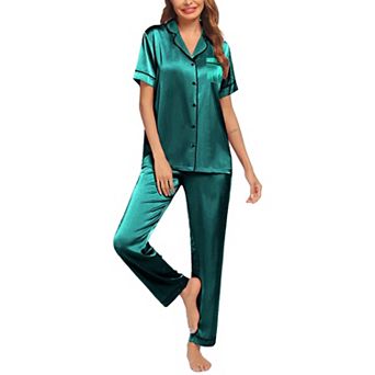 Ekouaer Silk Satin Pajamas Set Women Short Sleeve Sleepwear Soft Button Down Loungewear Pjs Set