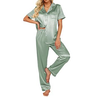Ekouaer Silk Satin Pajamas Set Women Short Sleeve Sleepwear Soft Button Down Loungewear Pjs Set