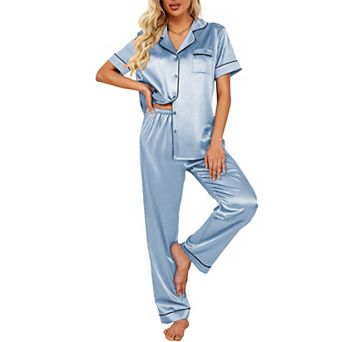 Ekouaer Silk Satin Pajamas Set Women Short Sleeve Sleepwear Soft Button Down Loungewear Pjs Set