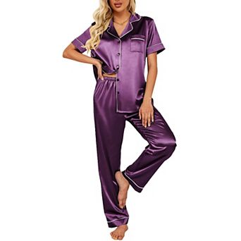 Ekouaer Silk Satin Pajamas Set Women Short Sleeve Sleepwear Soft Button Down Loungewear Pjs Set