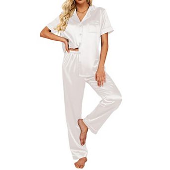 Ekouaer Silk Satin Pajamas Set Women Short Sleeve Sleepwear Soft Button Down Loungewear Pjs Set