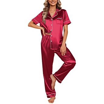 Ekouaer Silk Satin Pajamas Set Women Short Sleeve Sleepwear Soft Button Down Loungewear Pjs Set
