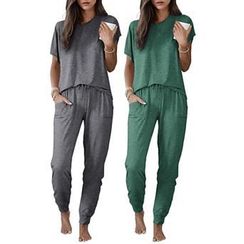 Ekouaer Two Pack Pajama Sets for Womens Jogger Pants Pajamas Short Sleeves Lounge Set Soft