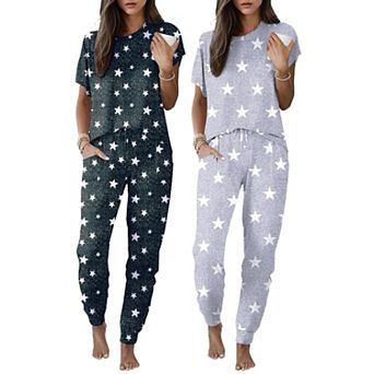 Ekouaer Two Pack Pajama Sets for Womens Jogger Pants Pajamas Short Sleeves Lounge Set Soft