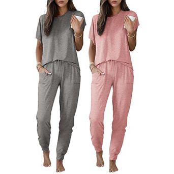Ekouaer Two Pack Pajama Sets for Womens Jogger Pants Pajamas Short Sleeves Lounge Set Soft