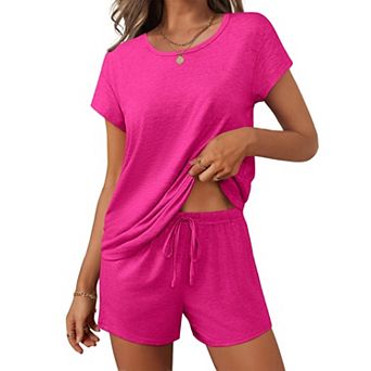 Ekouaer Womens Two Piece Pajamas Set Short Sleeve Comfy Lounge Set Round Neck Tops and Shorts