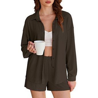 Ekouaer Two Piece Sets for Women Lounge Button Down Matching Shorts with Pockets Swiss Dot Outfits