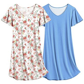 Ekouaer 2 Pack Nightgowns for Women Flare Short Sleeve Sleepshirt V Neck Sleepwear Pajama Dress