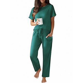 Ekouaer Cotton Pajama for Women Short Sleeve Pj Top With Long Pants 2 pc Lounge Set with Pocket