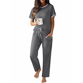 Ekouaer Cotton Pajama for Women Short Sleeve Pj Top With Long Pants 2 pc Lounge Set with Pocket