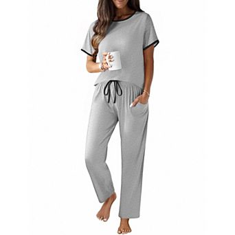 Ekouaer Cotton Pajama for Women Short Sleeve Pj Top With Long Pants 2 pc Lounge Set with Pocket