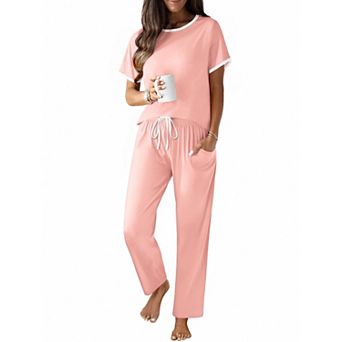 Ekouaer Cotton Pajama for Women Short Sleeve Pj Top With Long Pants 2 pc Lounge Set with Pocket
