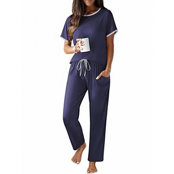 Ekouaer Cotton Pajama for Women Short Sleeve Pj Top With Long Pants 2 pc Lounge Set with Pocket