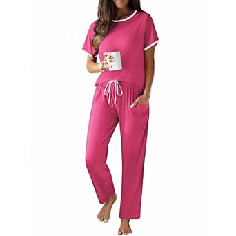 Ekouaer Cotton Pajama for Women Short Sleeve Pj Top With Long Pants 2 pc Lounge Set with Pocket