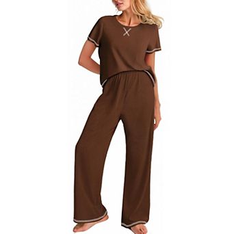 Ekouaer Women Ribbed Knit Pajamas Short Sleeve Top and Long Pants Pjs 2 pc