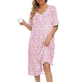 Ekouaer Cotton Nightgowns for Women Short Sleeve Night Gown V Neck Button Nightshirt