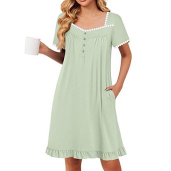 Ekouaer Nightgowns for Women Lace Trim Sleep Shirts Short Sleeve Night Shirts With Pockets