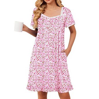 Ekouaer Nightgowns for Women Lace Trim Sleep Shirts Short Sleeve Night Shirts With Pockets