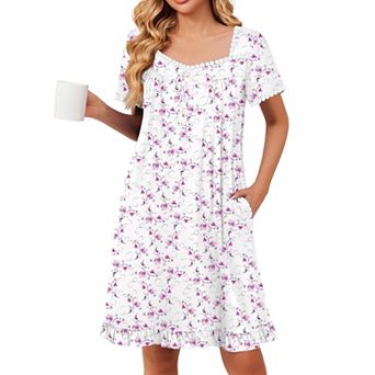 Ekouaer Nightgowns for Women Lace Trim Sleep Shirts Short Sleeve Night Shirts With Pockets